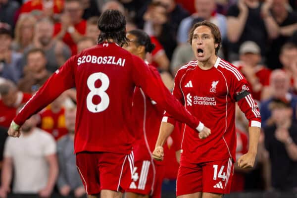 LIVERPOOL, ENGLAND - Friday, August 15, 2025: Liverpool's Federico Chiesa celebrates after scoring the third goal with teammate Dominik Szoboszlai during the FA Premier League match between Liverpool FC and AFC Bournemouth at Anfield. (Photo by David Rawcliffe/Propaganda)