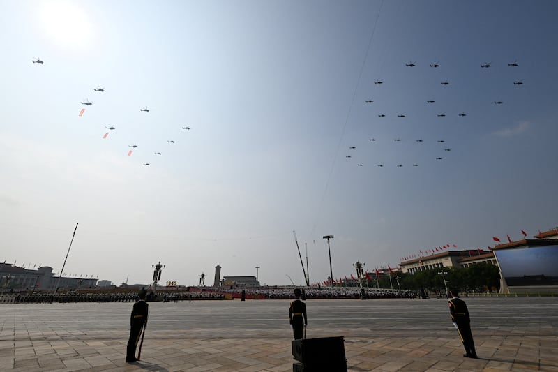 Helicopters fly to form the number 80 during a military parade marking the 80th anniversary of victory over Japan and the end of the second World War, in Beijing's Tiananmen Square. Photograph: Greg Baker/AFP