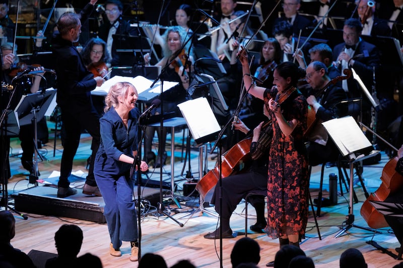 Zoë Conway and Edwina Guckian perform Bualadh an cheoil, bualadh an chroí composed by Zoë at the RTÉ Lyric FM 25th birthday concert. Photograph: Andres Poveda
