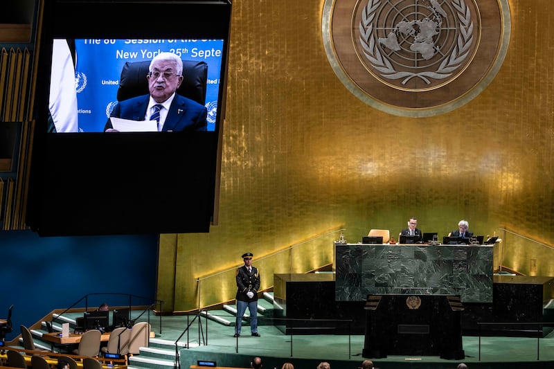 Palestinian president Mahmoud Abbas gives a remote addresses the United Nations General Assembly on Thursday. Photograph: Dave Sanders/New York Times
                      