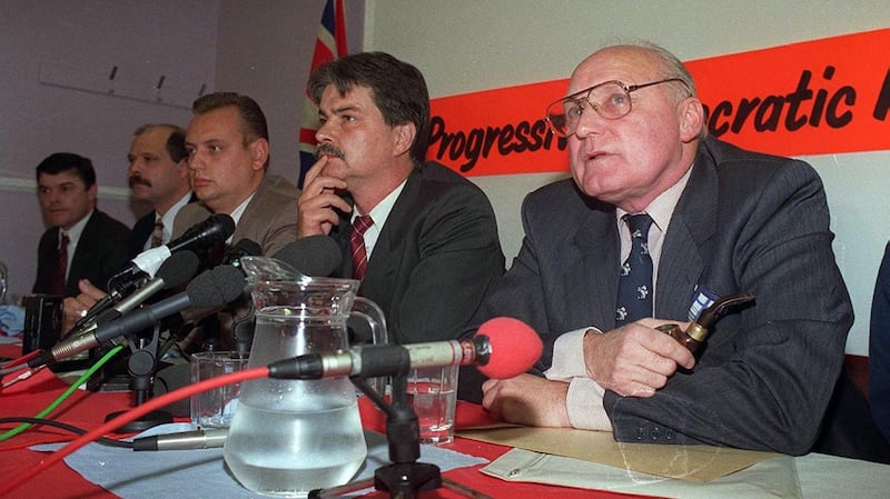 Former UVF leader Gusty Spence (right) announces the loyalist ceasefire in 1994 with, from left, David Adams, David Irvine, Gary McMichael and William Smyth