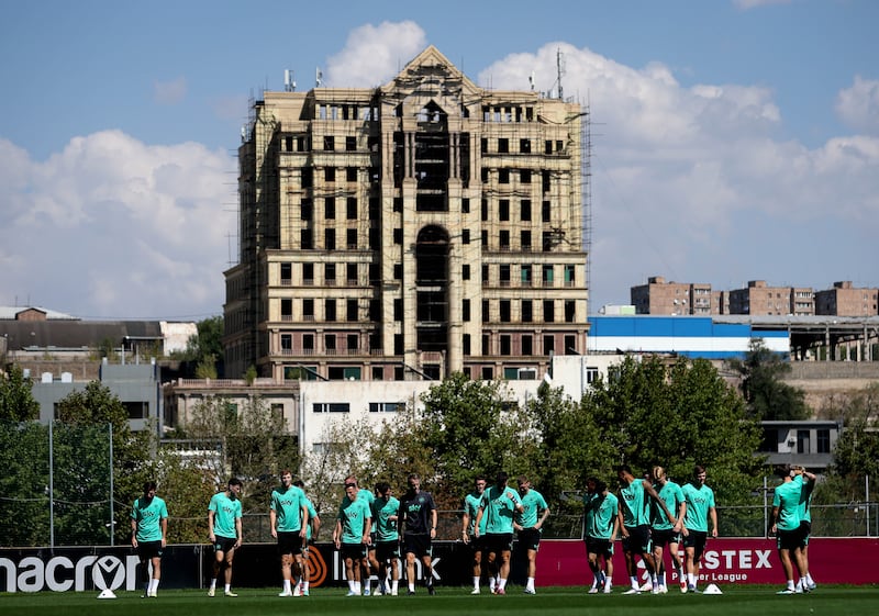 Ireland training in Yerevan on Monday ahead of Tuesday evening's World Cup qualifier against Armenia. Photograph: Ryan Byrne/Inpho