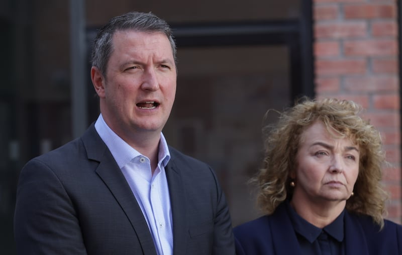 Sinn Féin MP John Finucane and party colleague Carál Ní Chuilín MLA on Tuesday after hosting a meeting at Girdwood Community Hub in response to violent incidents in north Belfast. Photograph: Pacemaker