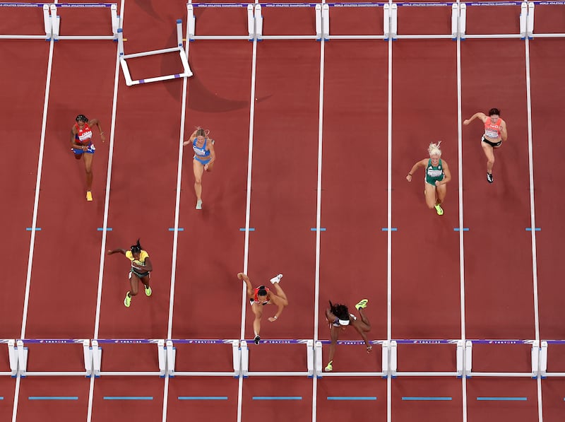 Ireland's Sarah Lavin (second from right) in action during the women's 100m hurdles semi-finals at the World Athletics Championships in Tokyo, Japan.  Photograph: Matthias Hangst/Getty Images
