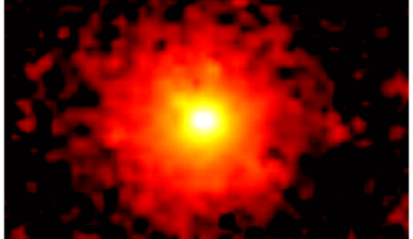 Against a black background is a red circle, which appears fuzzy and slightly pixelated. At the center is a bright area of yellow, and at the center of that is a bright area of white.