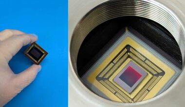 Left: A small rectangular device is held between a researcher’s fingers (left). Right: A square yellow structure mounted in a circular device.