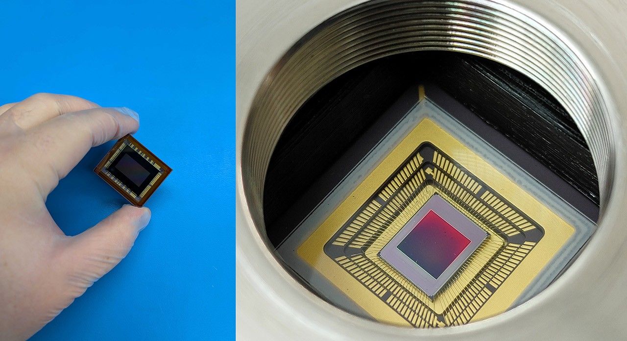 Left: A small rectangular device is held between a researcher’s fingers (left). Right: A square yellow structure mounted in a circular device.