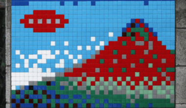 An image of a pixelated mosaic artwork installed in Tokyo, Japan.