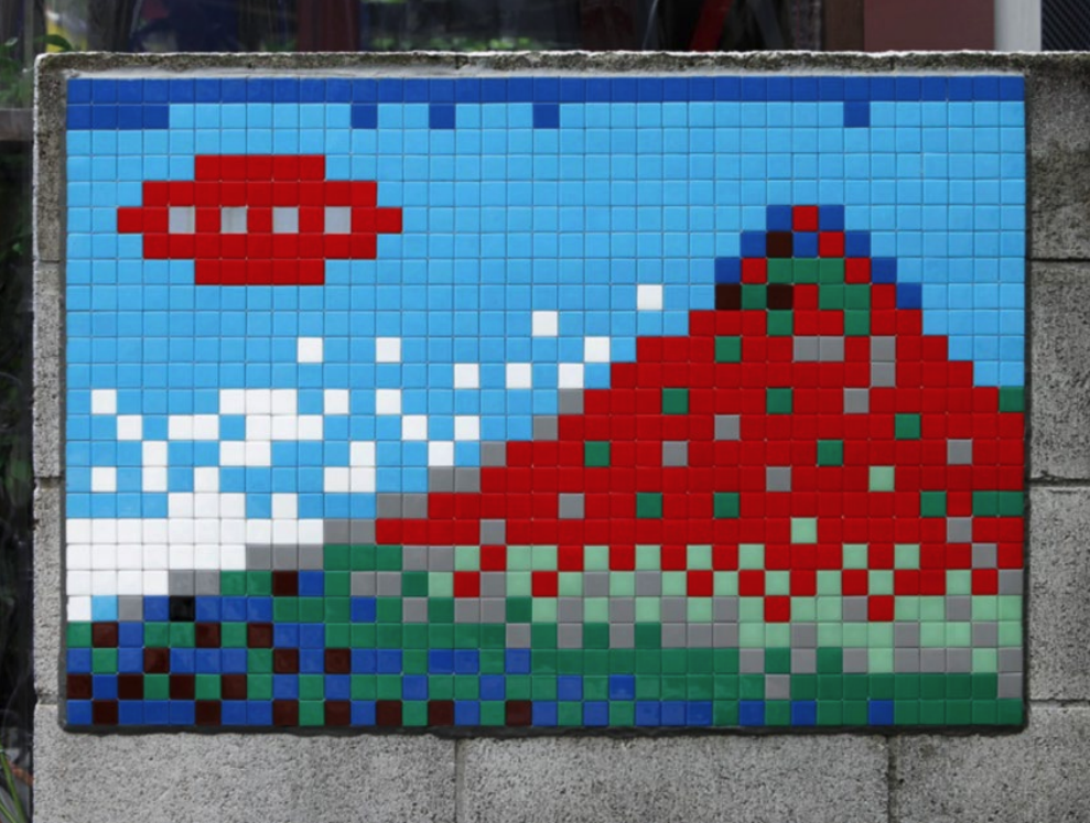 An image of a pixelated mosaic artwork installed in Tokyo, Japan.