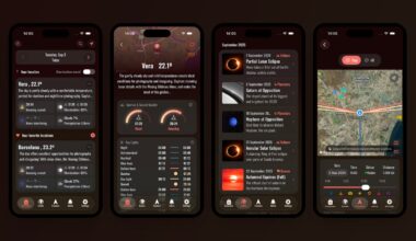 Four smartphone screens display an astronomy app interface showing weather details, stargazing conditions, celestial events, and a map for event locations, all in a dark-themed design with red and white accents.