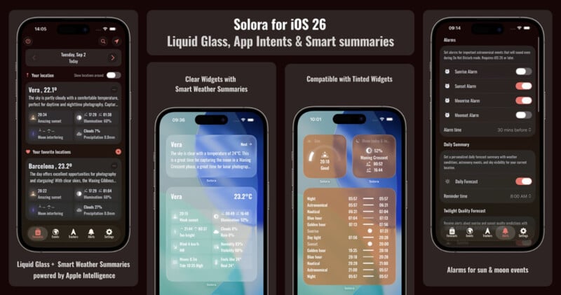 Four iPhones display Solora for iOS 26 weather app. Screens showcase smart summaries, liquid glass backgrounds, and tinted widgets, highlighting weather details, summaries, locations, and compatibility features on dark backgrounds.