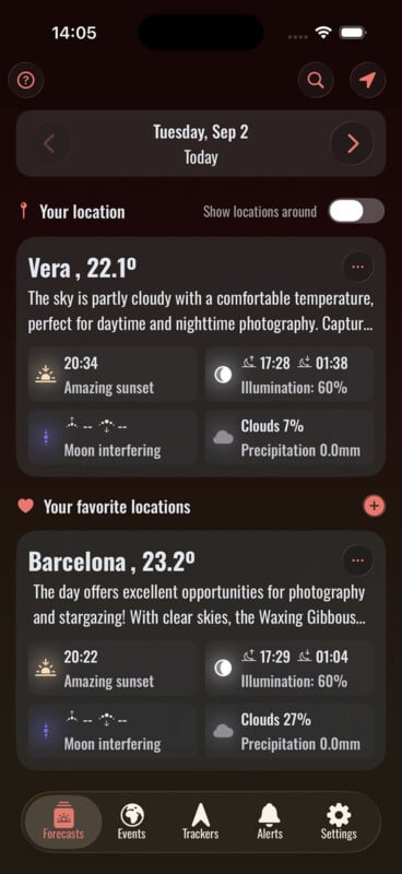 Screenshot of a weather and photography app showing details for Vera and Barcelona, including temperature, cloud coverage, sunset time, illumination, and notes on moon interference for photography.