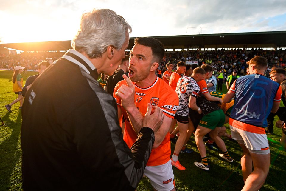 Armagh captain Aidan Forker confronts Donegal manager Jim McGuinness as a tussle breaks out following the Ulster final. Photo: David Fitzgerald/Sportsfile