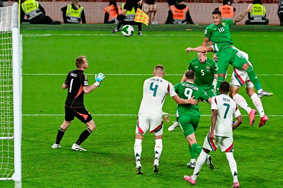 Adam Idah rises highest to score Ireland’s equaliser deep into injury time at the Aviva Stadium. Photo: Seb Daly/Sportsfile