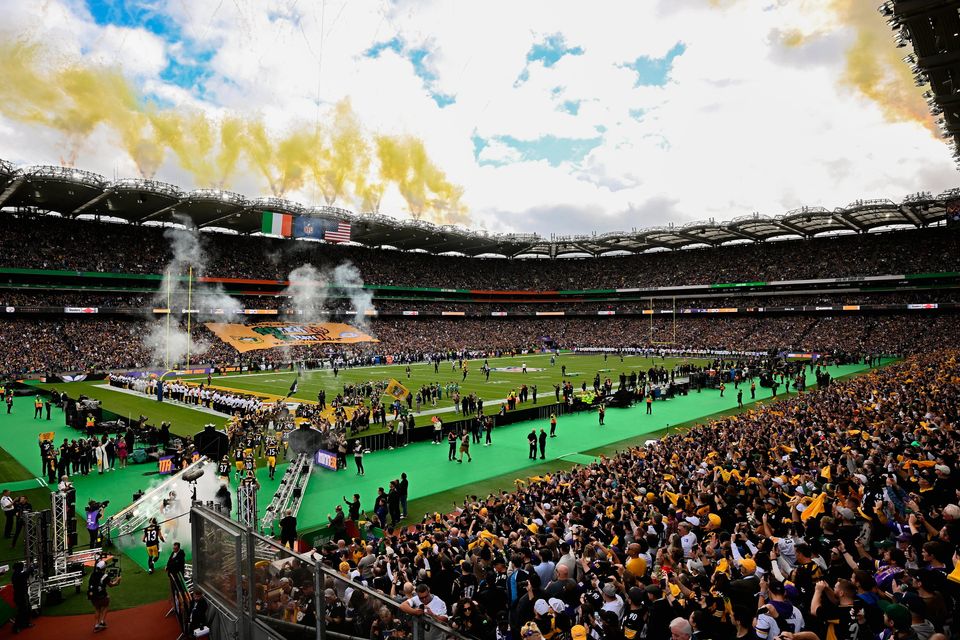 28 September 2025; Pittsburgh Steelers players run out before the 2025 NFL International Game between the Pittsburgh Steelers and the Minnesota Vikings at Croke Park in Dublin. Photo by Seb Daly/Sportsfile