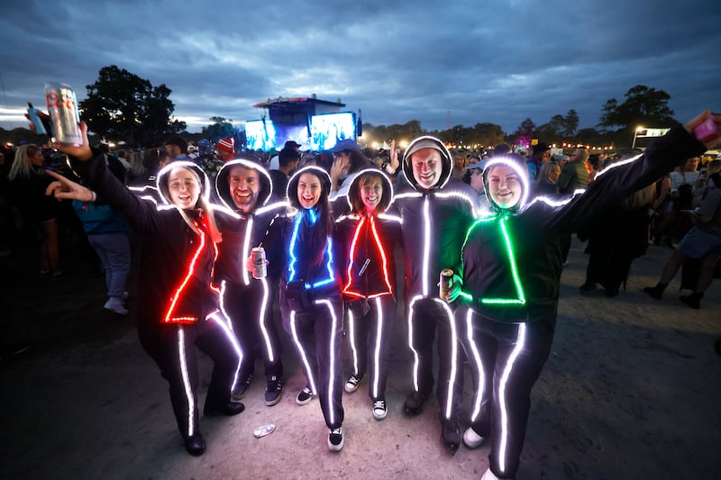 Chloe Cosgrove, Darren Fitzgerald, Tara Keveney, Noelle McDaniel, Kelly Cannon and Paul McDaniel from Carlow and Sligo enjoying Chappell Roan. Photograph: Alan Betson