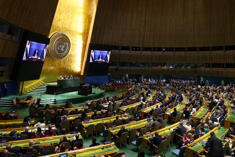 Palestinian Authority president Mahmud Abbas speaks to a United Nations Summit remotely in New York on Monday. Photograph: Angela Weiss/AFP via Getty