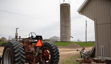 A microwave dish, installed on top of a farm silo, provides wireless internet service to nearby homes in rural Pennsylvania in this April 2022 photo.