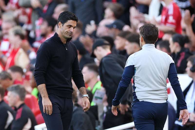 A dejected Arsenal boss Mikel Arteta after the defeat at Anfield on Sunday. Photograph: Getty Images