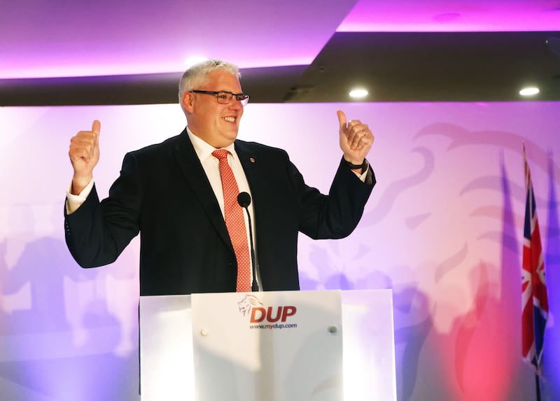 Gavin Robinson also spoke of 'illegal, uncontrolled immigration' and gender identity. Photograph: Peter Morrison/PA