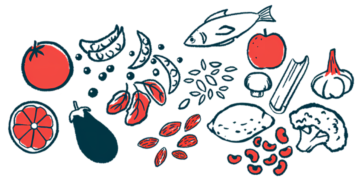 An illustration of a varied diet shows an assortment of fruits and vegetables, fish, and nuts and herbs.