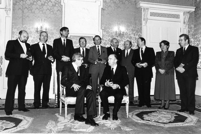Gemma Hussey, second from right, with other members of the 1986 Cabinet re-shuffle: front row, left to right: then taoiseach Dr Garret FitzGerald, president Patrick Hillery. Back row left: Ruairí Quinn, John Bruton, Alan Dukes, Paddy O'Toole, John Boland, Paddy Cooney, Barry Desmond, Michael Noonan and Liam Kavanagh. Photograph: Paddy Whelan