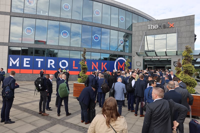 Guests arrive at the MetroLink Market Engagement Event at The Helix in Dublin on Thursday. Photograph: Dara Mac Dónaill