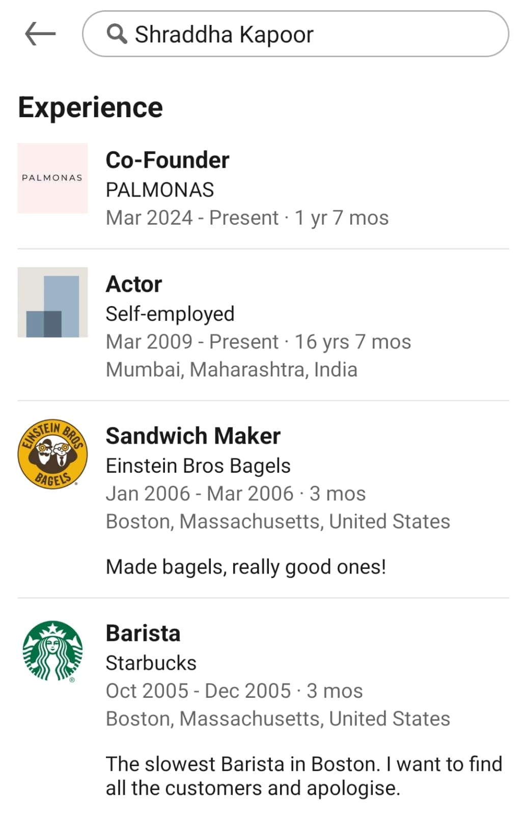 Shraddha Kapoor's LinkedIn account showing her work experience.