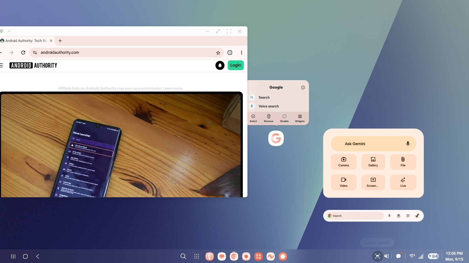 Widgets button in app context menu in Samsung DeX on One UI 8