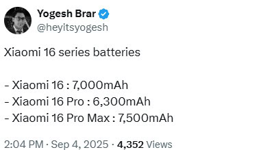 Yogesh Brar Xiaomi 16 series battery capacity