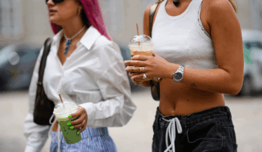 Do collagen supplements work Two guests during Copenhagen Fashion Week holding green juices