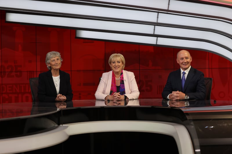 The three presidential candidates Catherine Connolly, Heather Humphreys and Jim Gavin participated in their first TV debate on The Tonight Show on Virgin Media One with Kieran Cuddihy.  Photo: Bryan O’Brien / The Irish Times