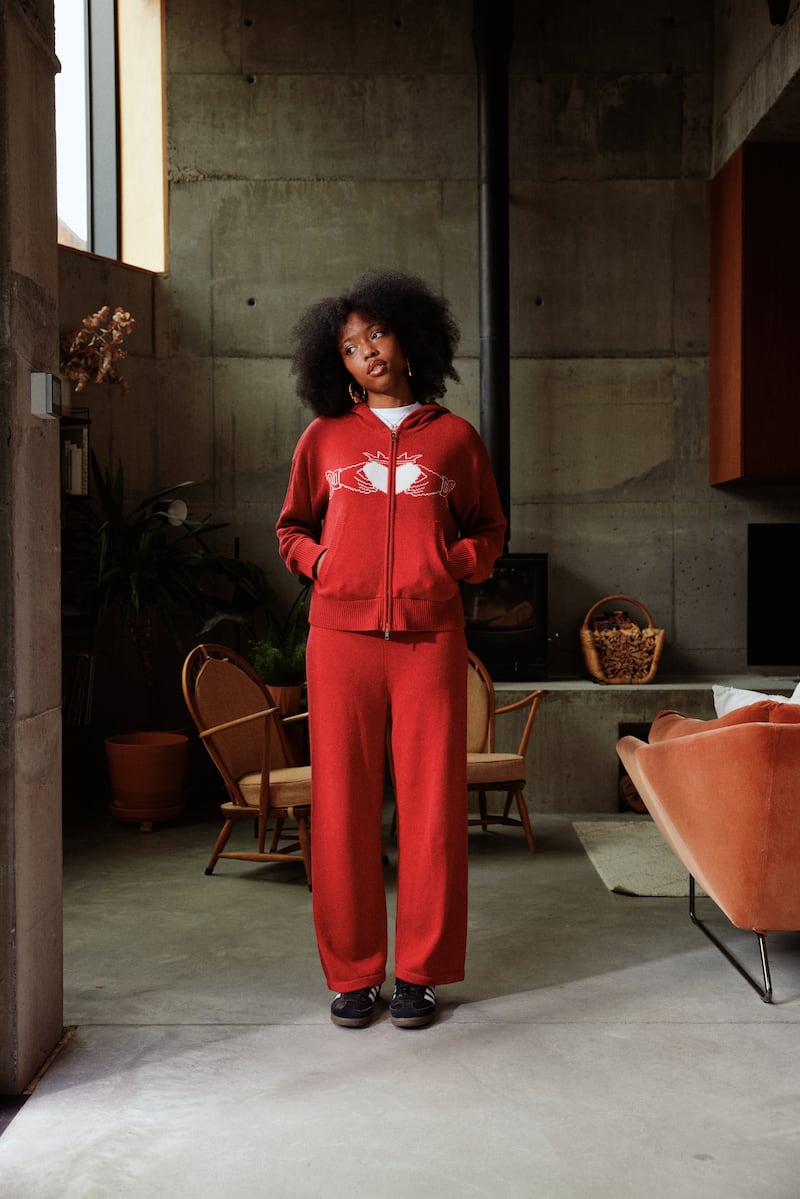 Camilla Anele wearing Ditsy Bits Claddagh knitwear. Photograph: Alex Sheridan