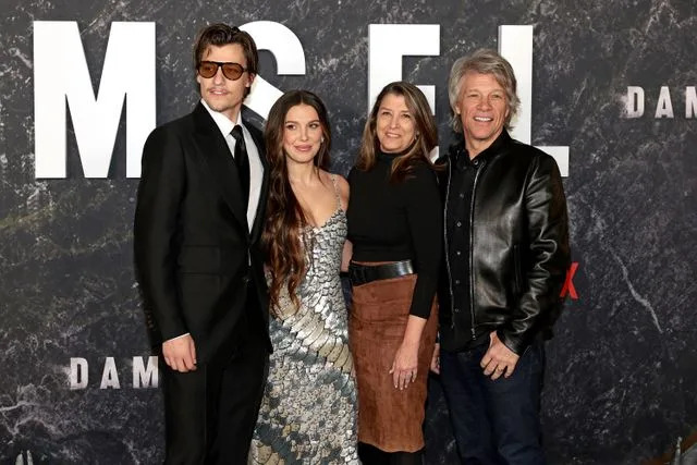 Getty Images Jake Bongiovi, Millie Bobby Brown, Dorothea Hurley, and Jon Bon Jovi attend the Damsel World Premiere