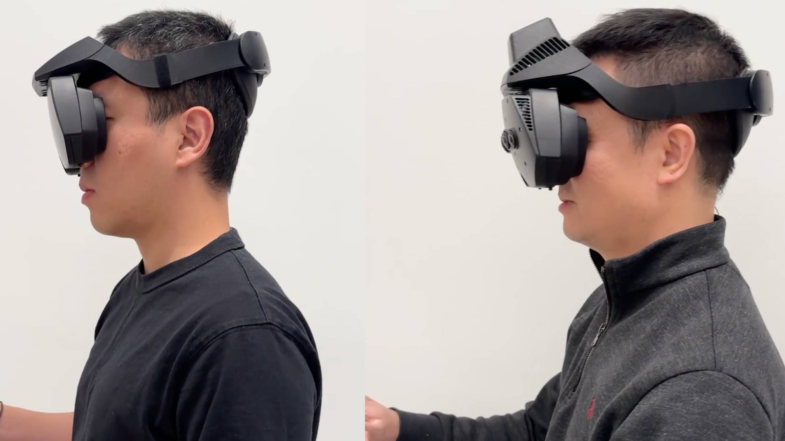 Researchers wearing protorype VR and MR headsets