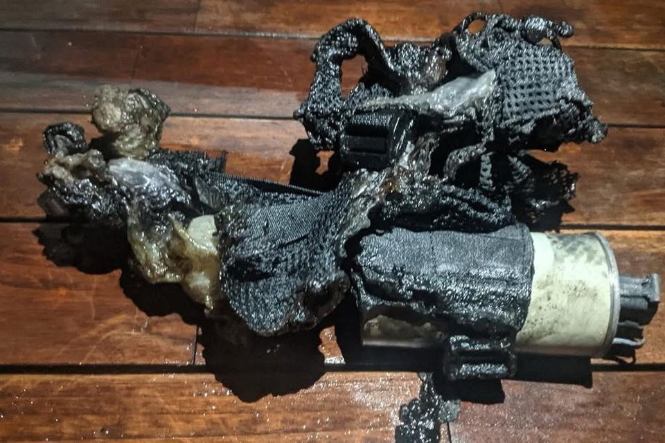 Remains of the incendiary device dropped on to the deck of the Alma