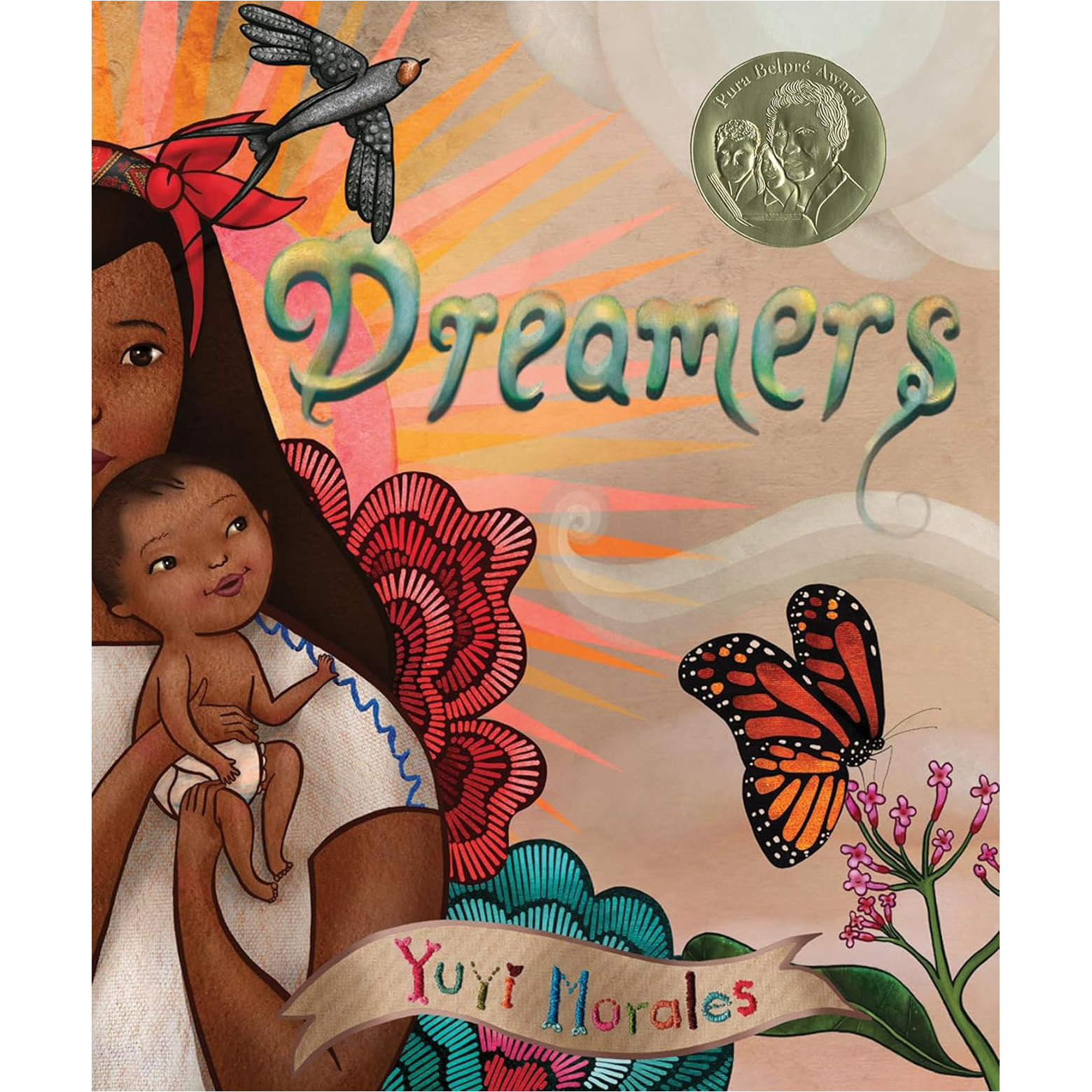 The cover of Dreamers, featuring a mother holding an infant, who gazes admiringly at a flower and butterfly.