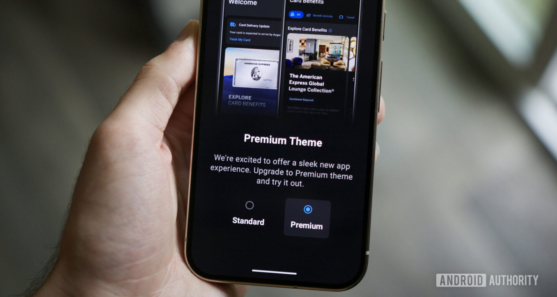 The American Express mobile app with the new Premium Theme dark mode.