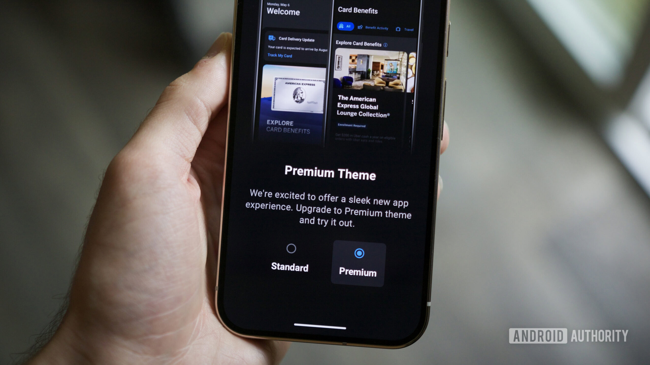 The American Express mobile app with the new Premium Theme dark mode.