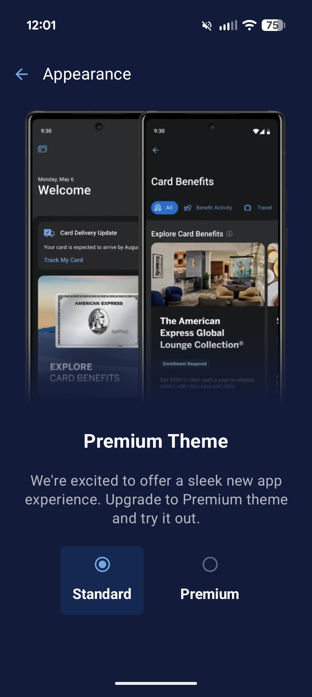 A screenshot of the new Premium dark mode in the Amex app.