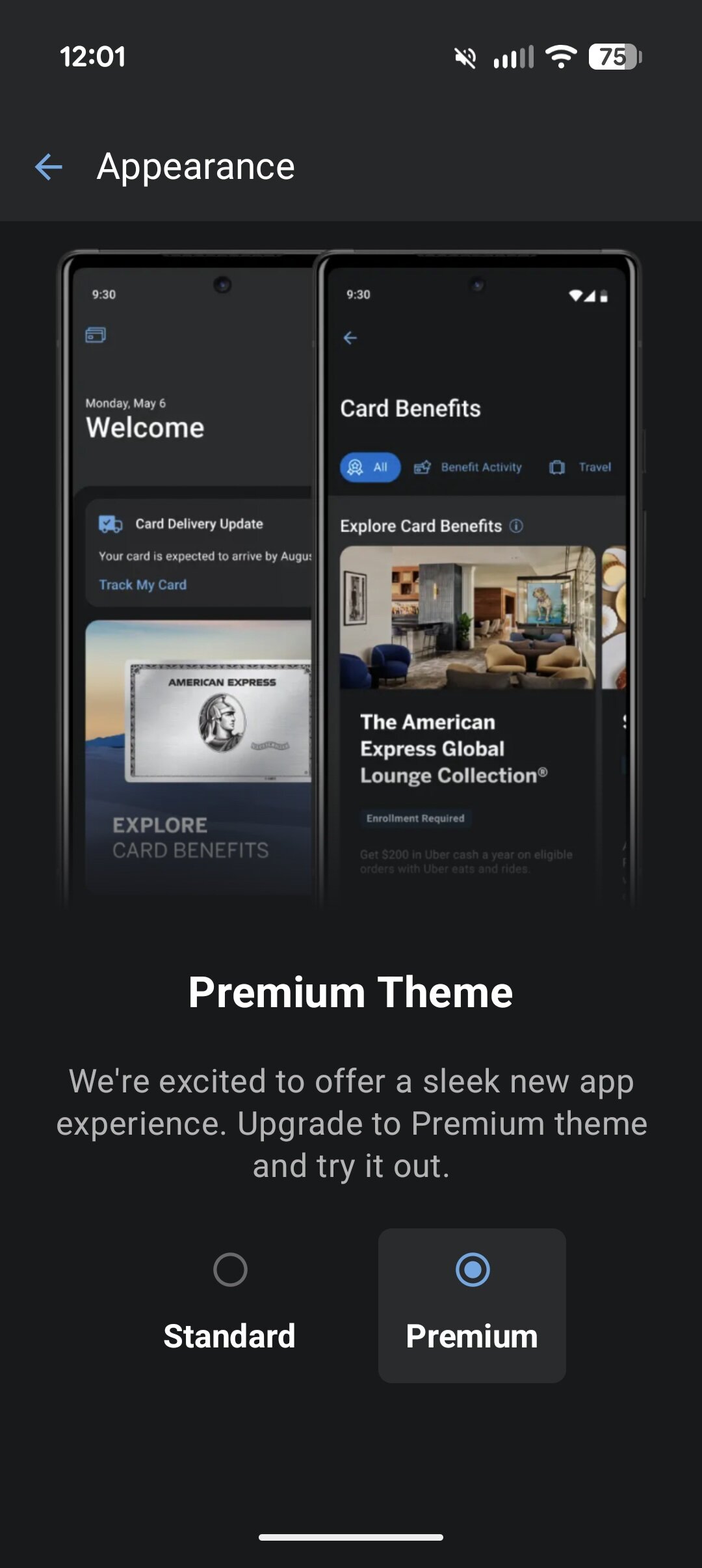 A screenshot of the new Premium dark mode in the Amex app.