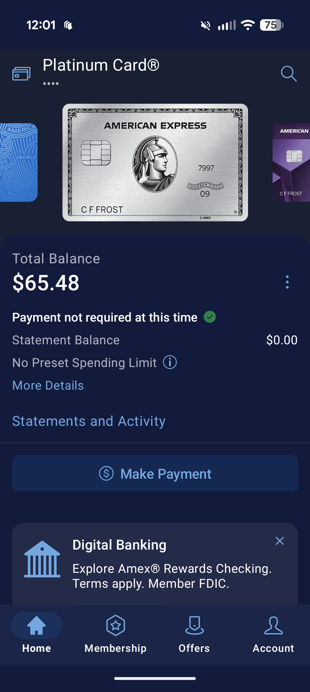 A screenshot of the new Premium dark mode in the Amex app.