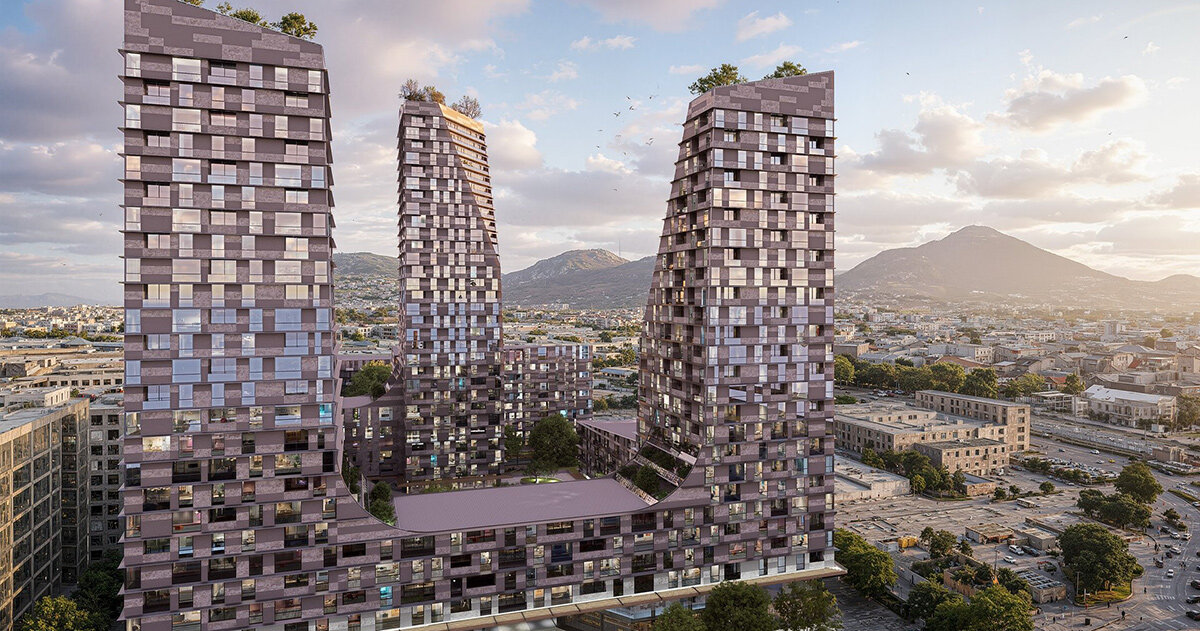 archi-tectonics is building a trio of tapered towers in tirana, albania