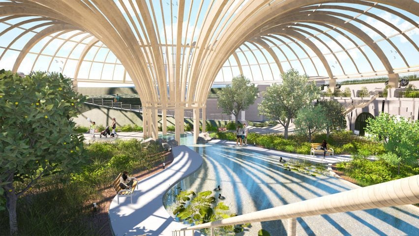 A colourful visualisation of the interior of an indoor park, featuring a wooden sculpture-like structure arching over a tropical, plant-filled space