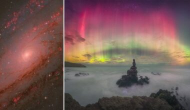 Split image: Left, a spiral galaxy with bright red and yellow details; right, vibrant pink, green, and yellow auroras illuminate a rocky seascape under a starry sky.