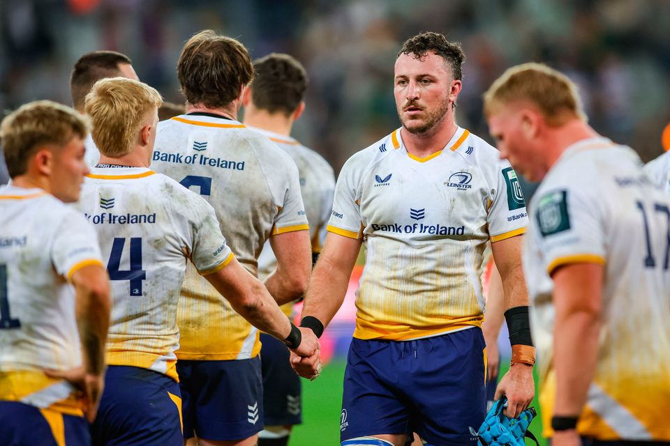 Back-row Will Connors (centre) and his Leinster teammates digest a sobering defeat in South Africa. Photo: Shaun Roy/Sportsfile