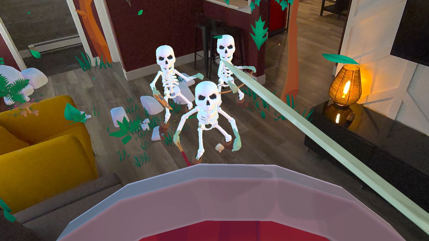 Fighting little skeletons in mixed reality on a Meta Quest 3 in the game Mythic Realms