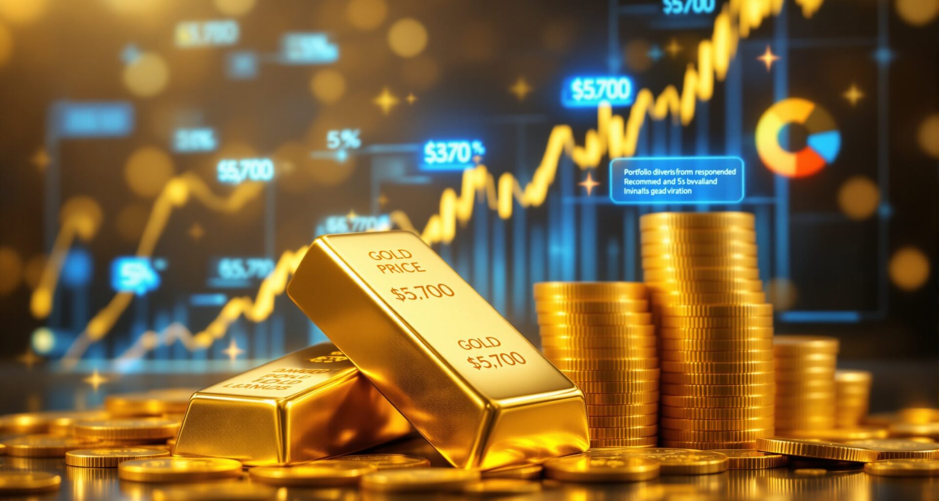 Gold bars and coins with stock chart.