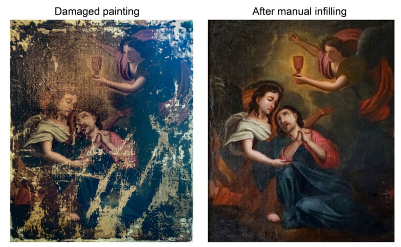 Side-by-side comparison of a painting: the left shows heavy damage with missing paint, while the right shows the same artwork after manual infilling, with restored colors and details.