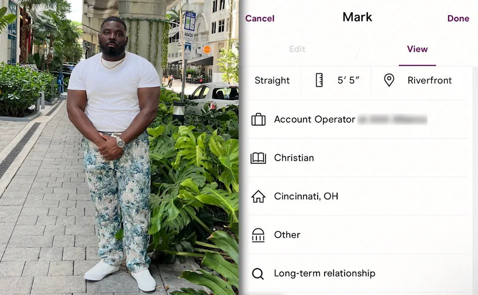 A snap from Robinson's Hinge dating profile where his height is displayed.